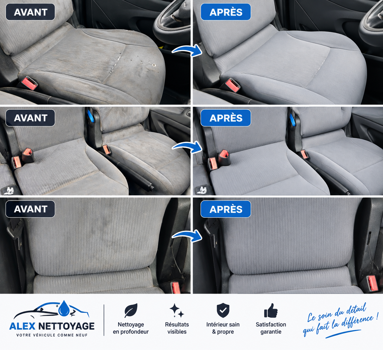 Nettoyage de sièges automobile avant et après par Alex Nettoyage