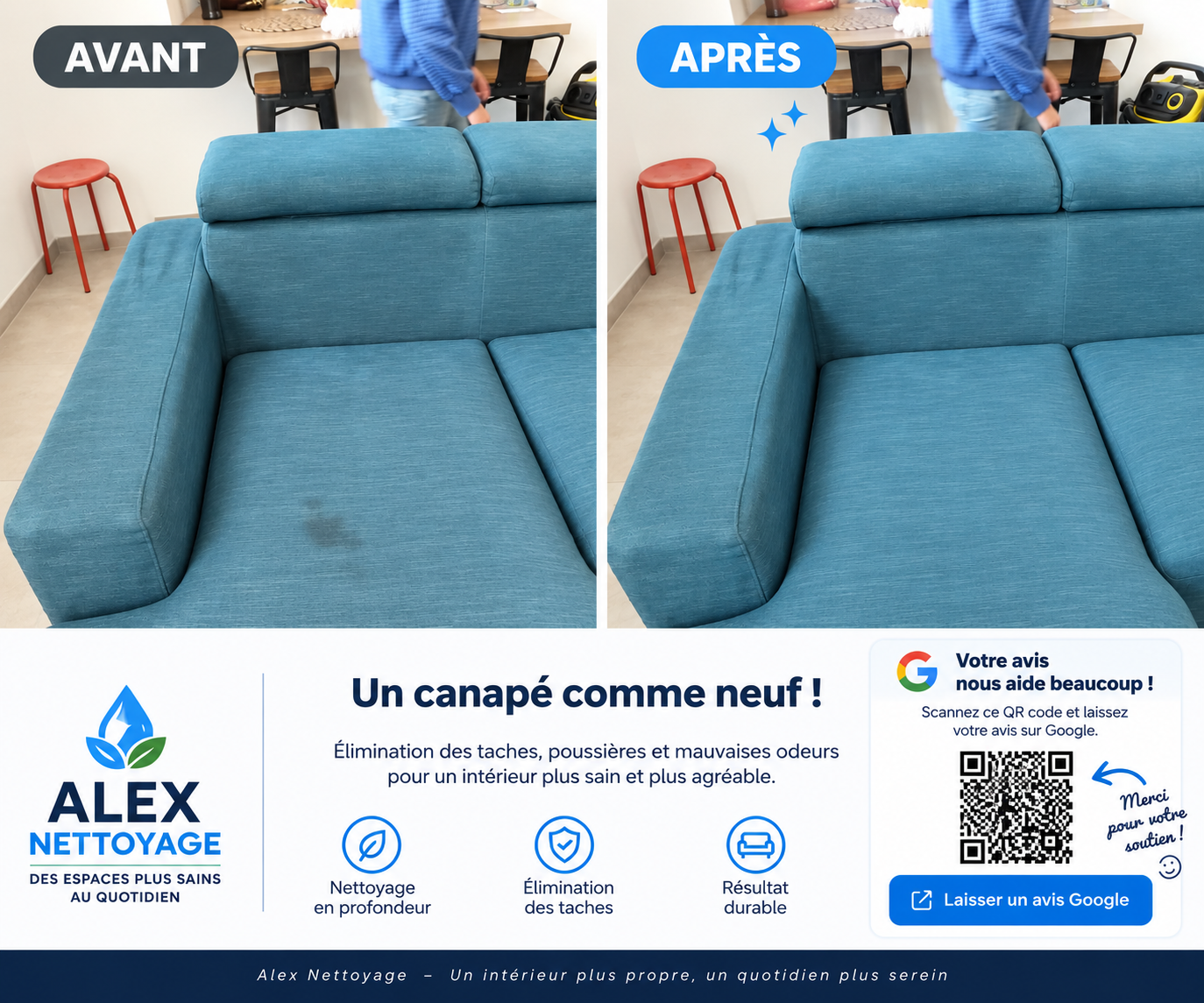 Nettoyage canapé avant et après par Alex Nettoyage